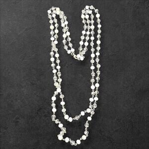 White & Silver Two Strand Crystal & Glass Cat‎ Eye Bead Station Necklace 30"
